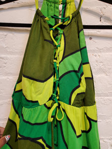 Vintage 1960s Women's Green Flower Power Hawaiian Print Sleeveless Empire Waist Maxi Dress