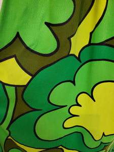 Vintage 1960s Women's Green Flower Power Hawaiian Print Sleeveless Empire Waist Maxi Dress