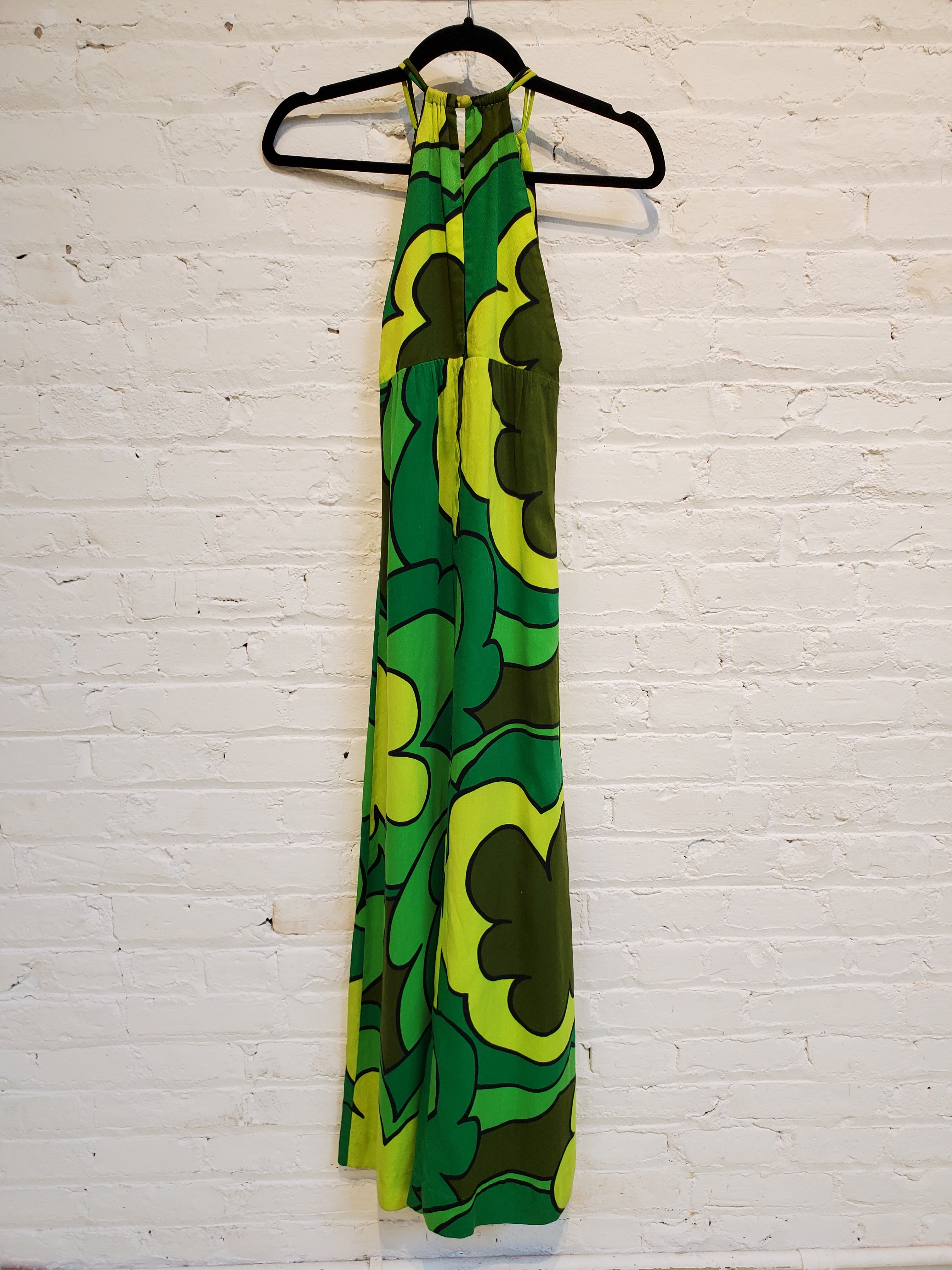 Vintage 1960s Women's Green Flower Power Hawaiian Print Sleeveless Empire Waist Maxi Dress