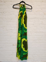 Load image into Gallery viewer, Vintage 1960s Women&#39;s Green Flower Power Hawaiian Print Sleeveless Empire Waist Maxi Dress
