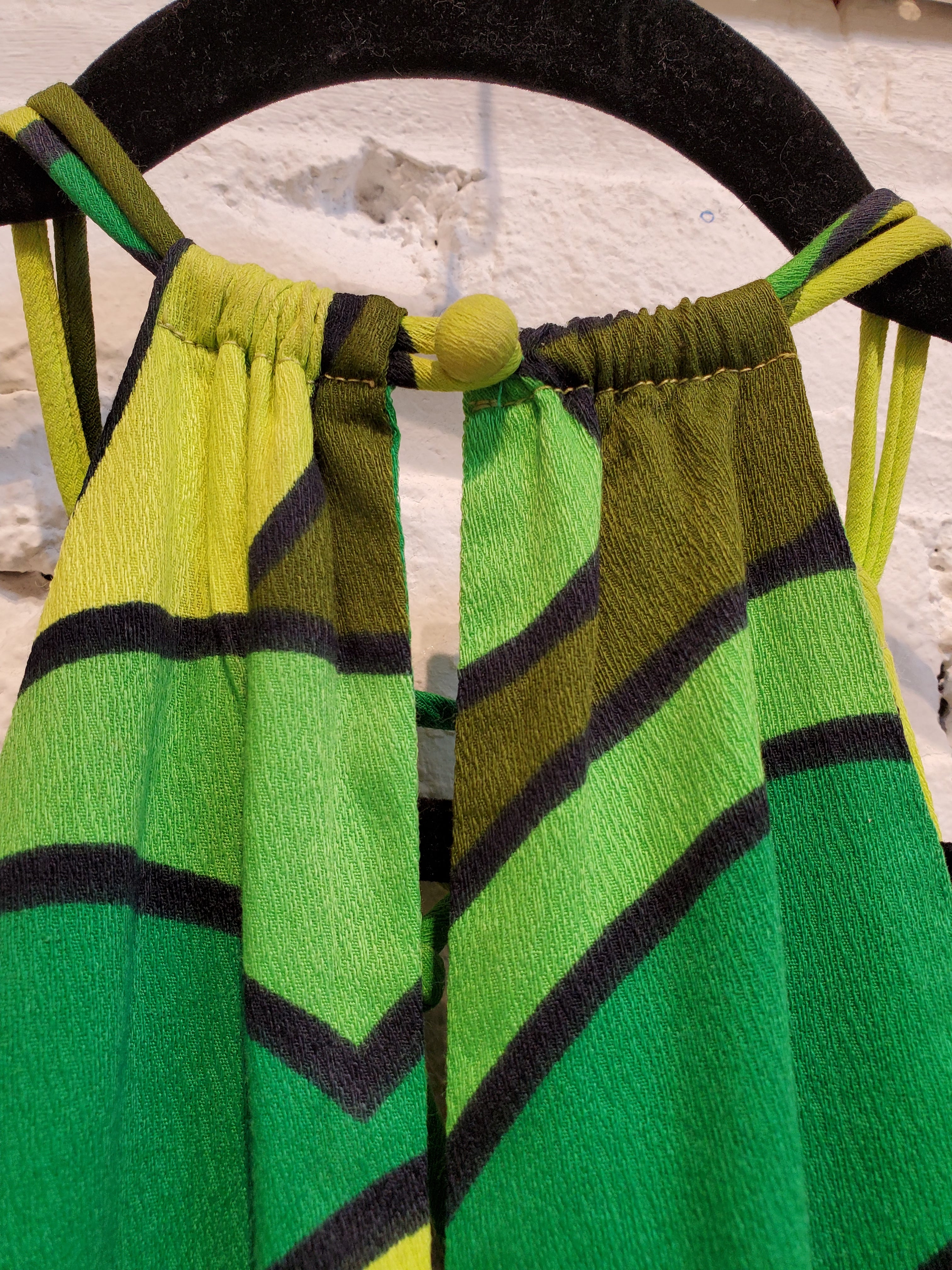 Vintage 1960s Women's Green Flower Power Hawaiian Print Sleeveless Empire Waist Maxi Dress