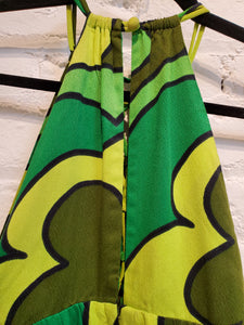 Vintage 1960s Women's Green Flower Power Hawaiian Print Sleeveless Empire Waist Maxi Dress