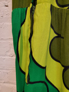 Vintage 1960s Women's Green Flower Power Hawaiian Print Sleeveless Empire Waist Maxi Dress