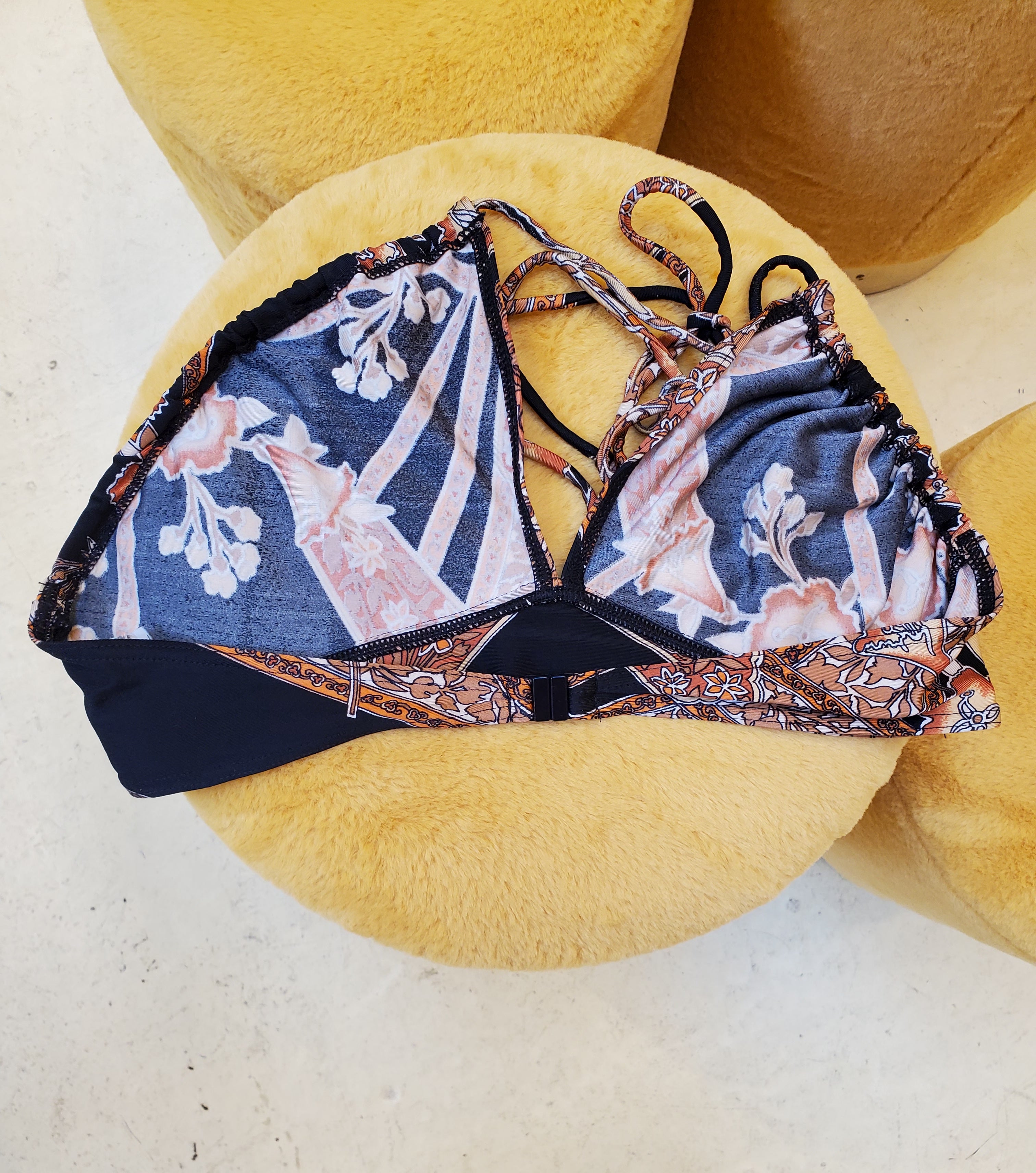 Vintage 1970s Women's Black & Brown Floral Print 2 Piece Halter Top and High Waist Bikini Bottom