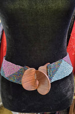Load image into Gallery viewer, 70&#39;s/80&#39;s Multi Color Beaded Stretchy Waist Belt with Wood Buckles (Fits up to Size XL)

