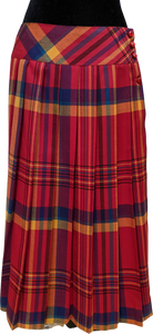 70's/80's Red Multicolor Plaid Pleated Midi Skirt (Size Medium)