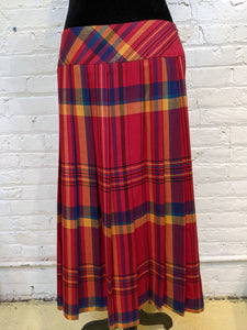 70's/80's Red Multicolor Plaid Pleated Midi Skirt (Size Medium)