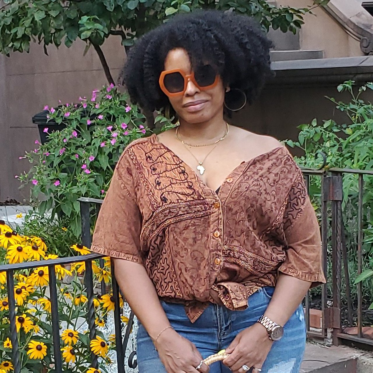 Vintage 90s Brown Button Down Patchwork Blouse