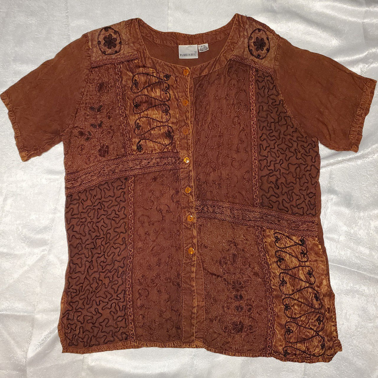 Vintage 90s Brown Button Down Patchwork Blouse