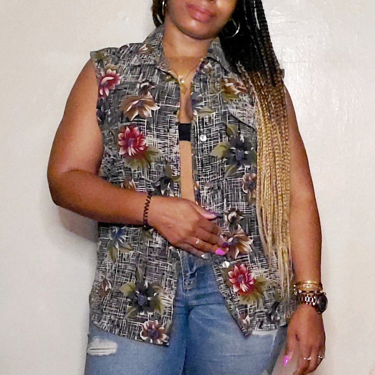 Vintage 90s Black Floral Print Sleeveless Button Down Shirt