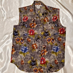 Vintage 90s Black Floral Print Sleeveless Button Down Shirt