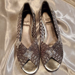 Load image into Gallery viewer, Vintage Silver Stretch Mesh Basketweave Peep Toe Flats
