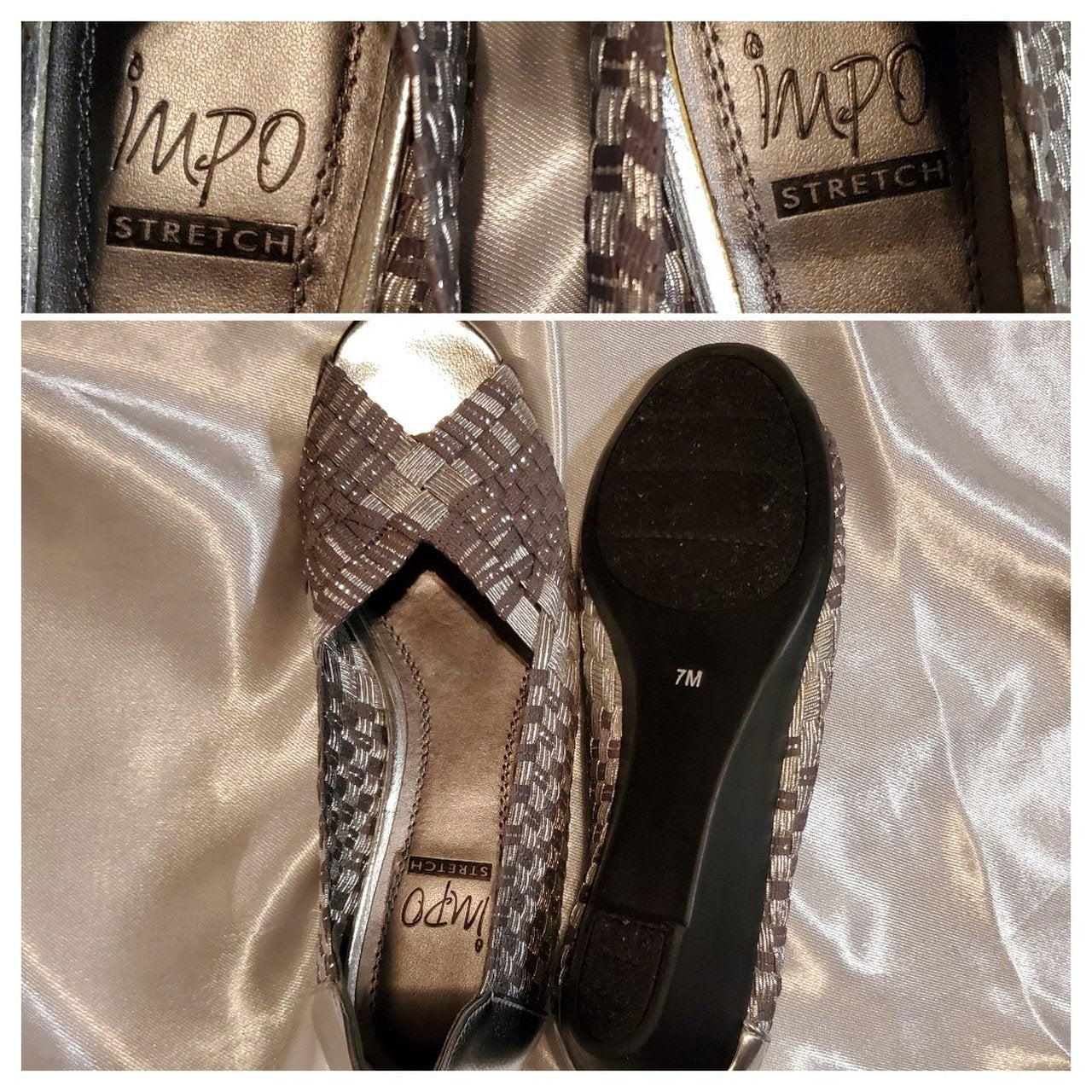Vintage Silver Stretch Mesh Basketweave Peep Toe Flats