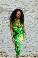 Load image into Gallery viewer, Vintage 1960s Women&#39;s Green Flower Power Hawaiian Print Sleeveless Empire Waist Maxi Dress

