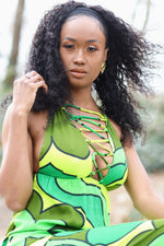 Load image into Gallery viewer, Vintage 1960s Women&#39;s Green Flower Power Hawaiian Print Sleeveless Empire Waist Maxi Dress

