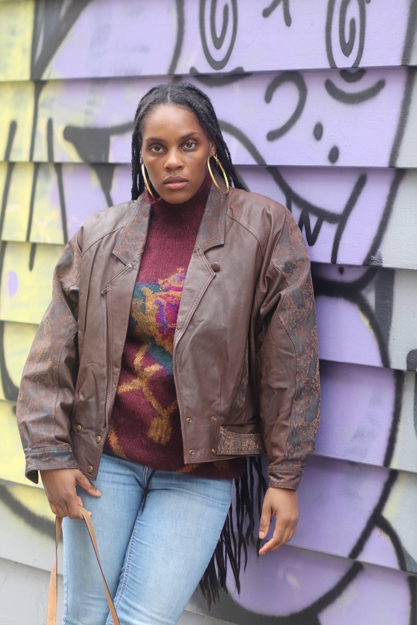 80's Brown Leather Paisley Print Jacket (Size Large)