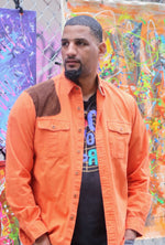 Load image into Gallery viewer, 00&#39;s Men&#39;s Orange Button Up Shirt with Brown Suede Patch (Size Large)
