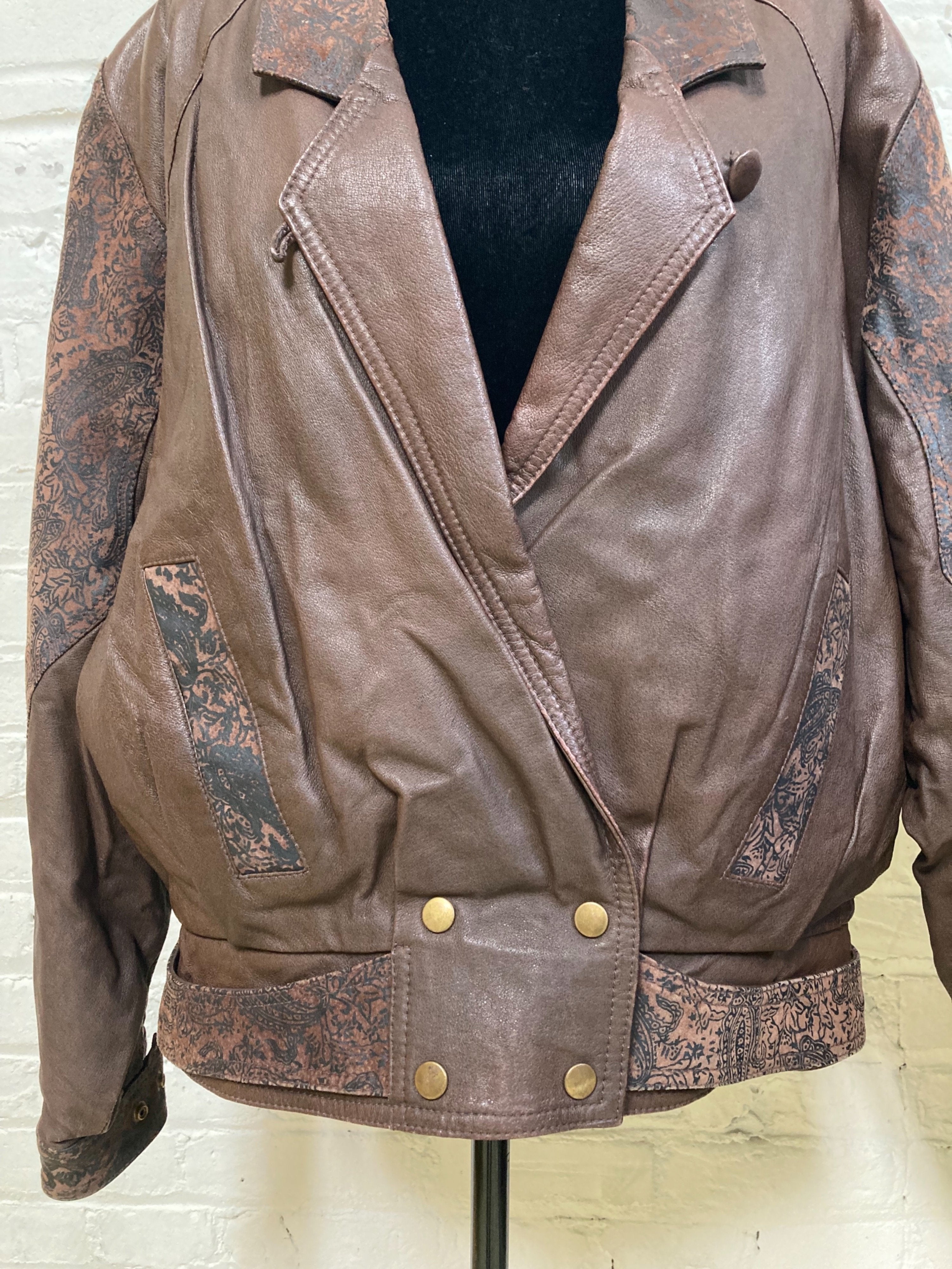 80's Brown Leather Paisley Print Jacket (Size Large)