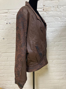 80's Brown Leather Paisley Print Jacket (Size Large)