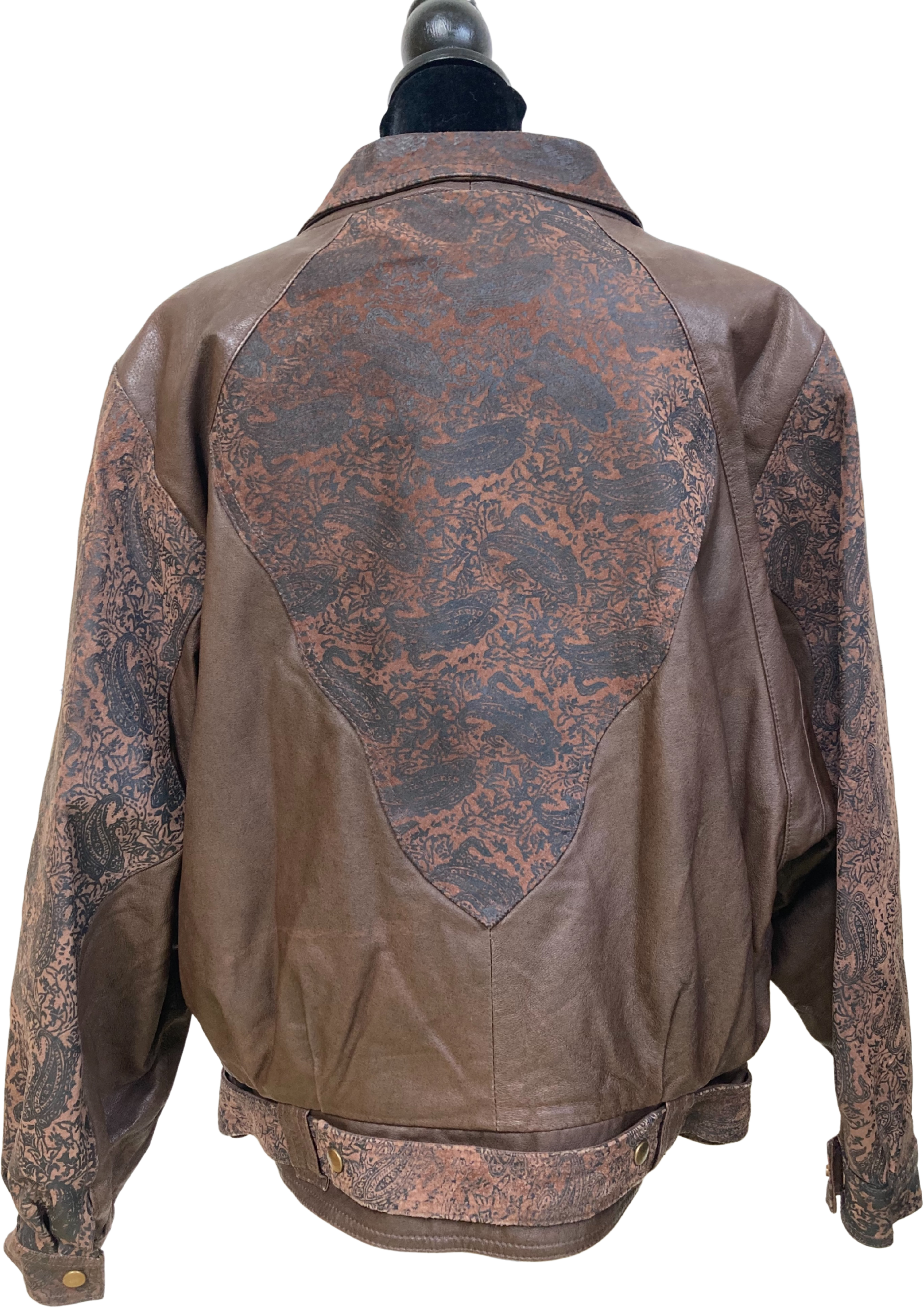 80's Brown Leather Paisley Print Jacket (Size Large)