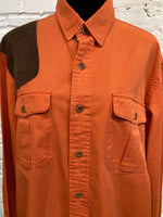 Load image into Gallery viewer, 00&#39;s Men&#39;s Orange Button Up Shirt with Brown Suede Patch (Size Large)
