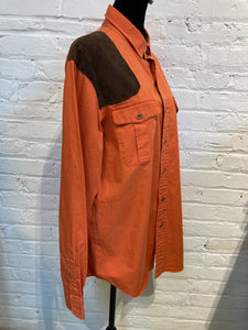 00's Men's Orange Button Up Shirt with Brown Suede Patch (Size Large)