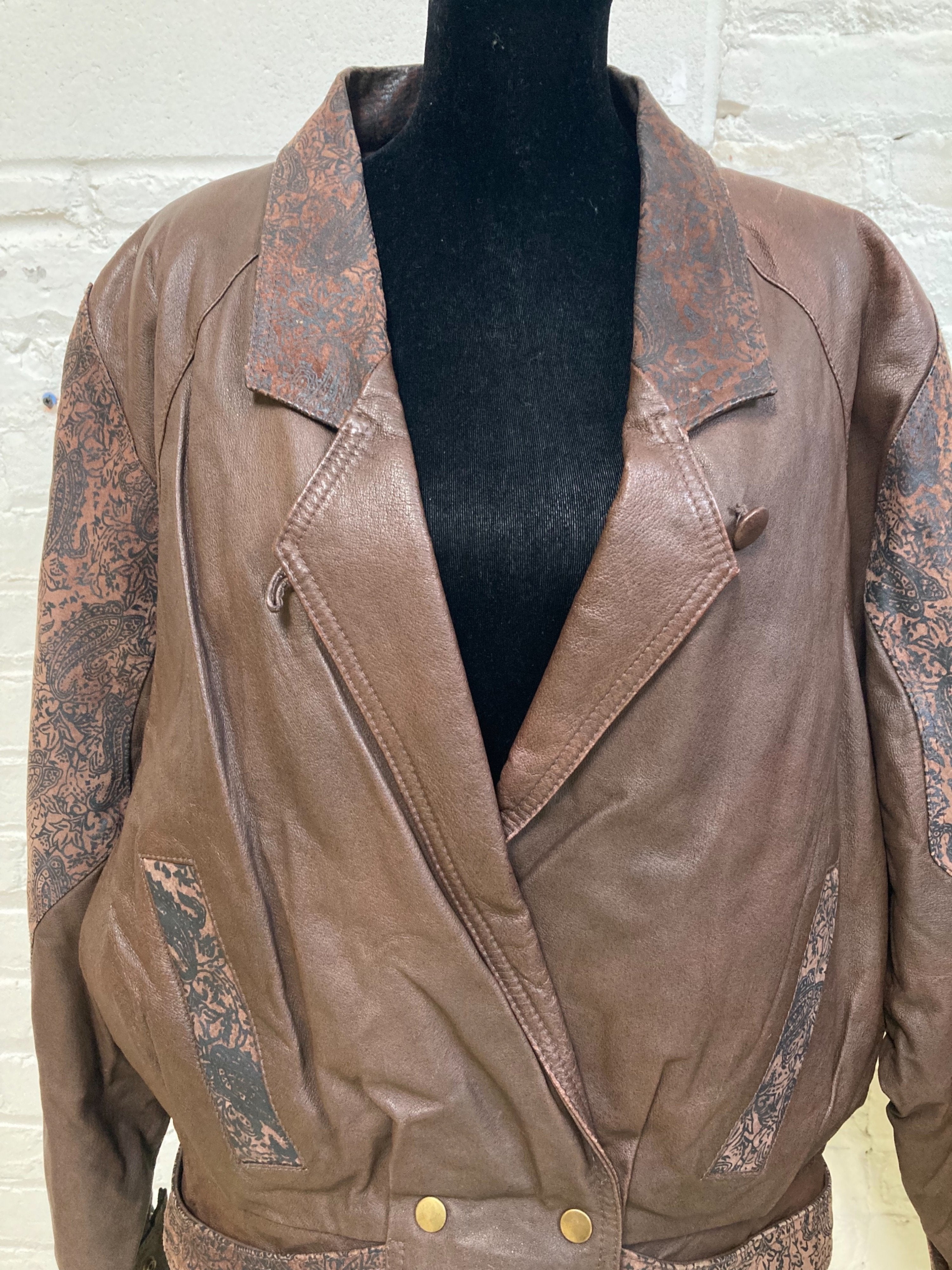 80's Brown Leather Paisley Print Jacket (Size Large)