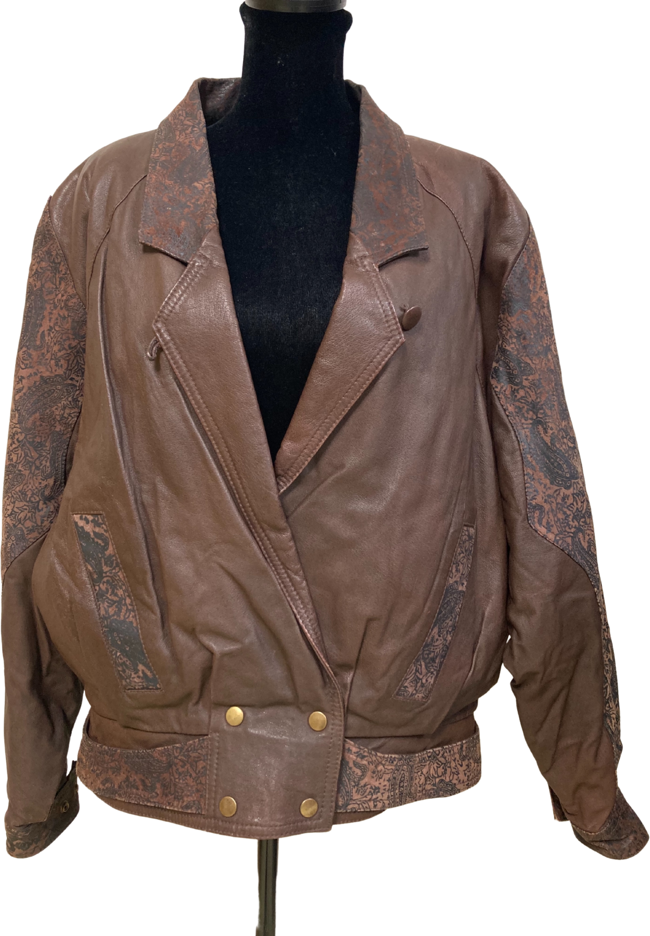 80's Brown Leather Paisley Print Jacket (Size Large)