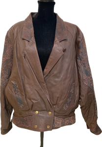 80's Brown Leather Paisley Print Jacket (Size Large)