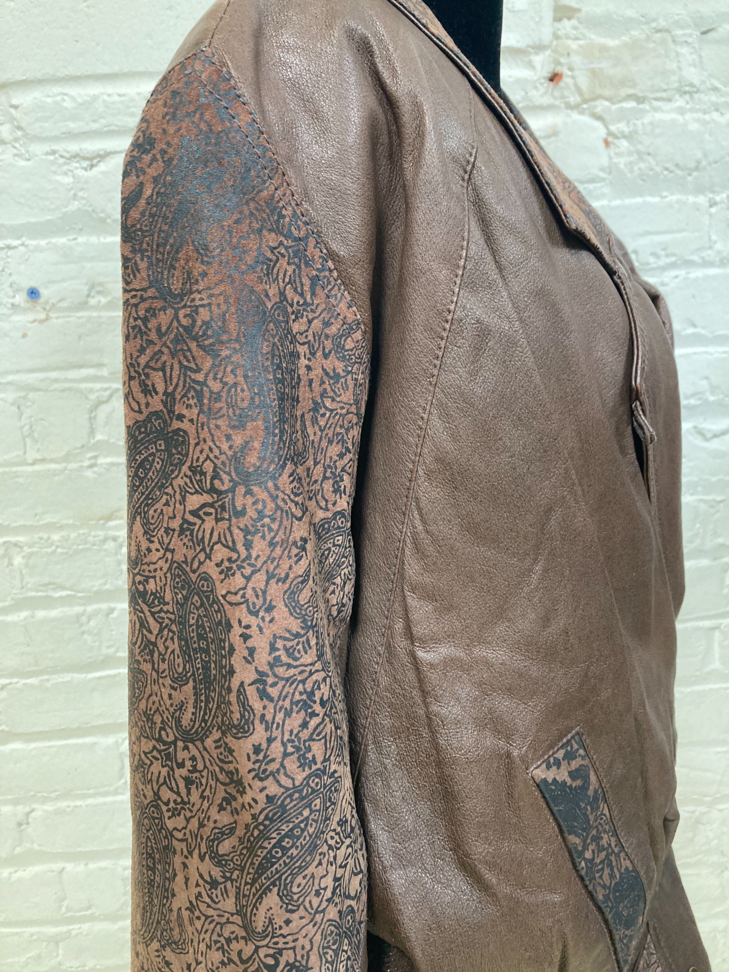 80's Brown Leather Paisley Print Jacket (Size Large)