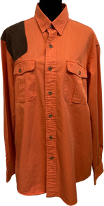 00's Men's Orange Button Up Shirt with Brown Suede Patch (Size Large)